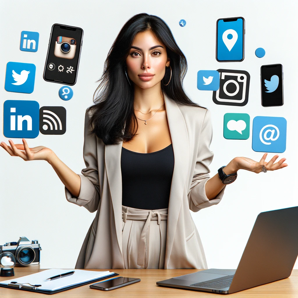 A woman digital marketing specialist juggling diferent tasks